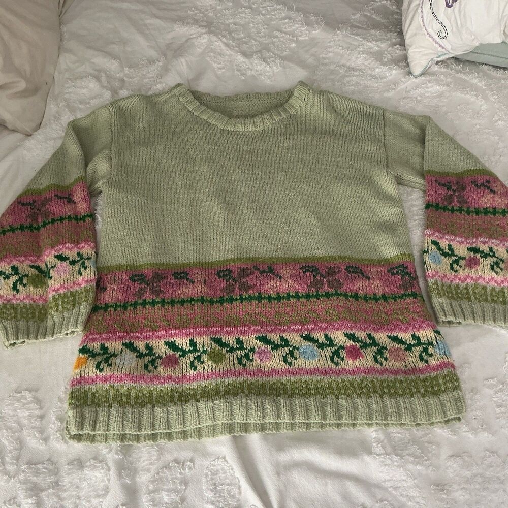 Vintage Knit Sweater Floral Cottagecore Green Pink Adult Large Cozy